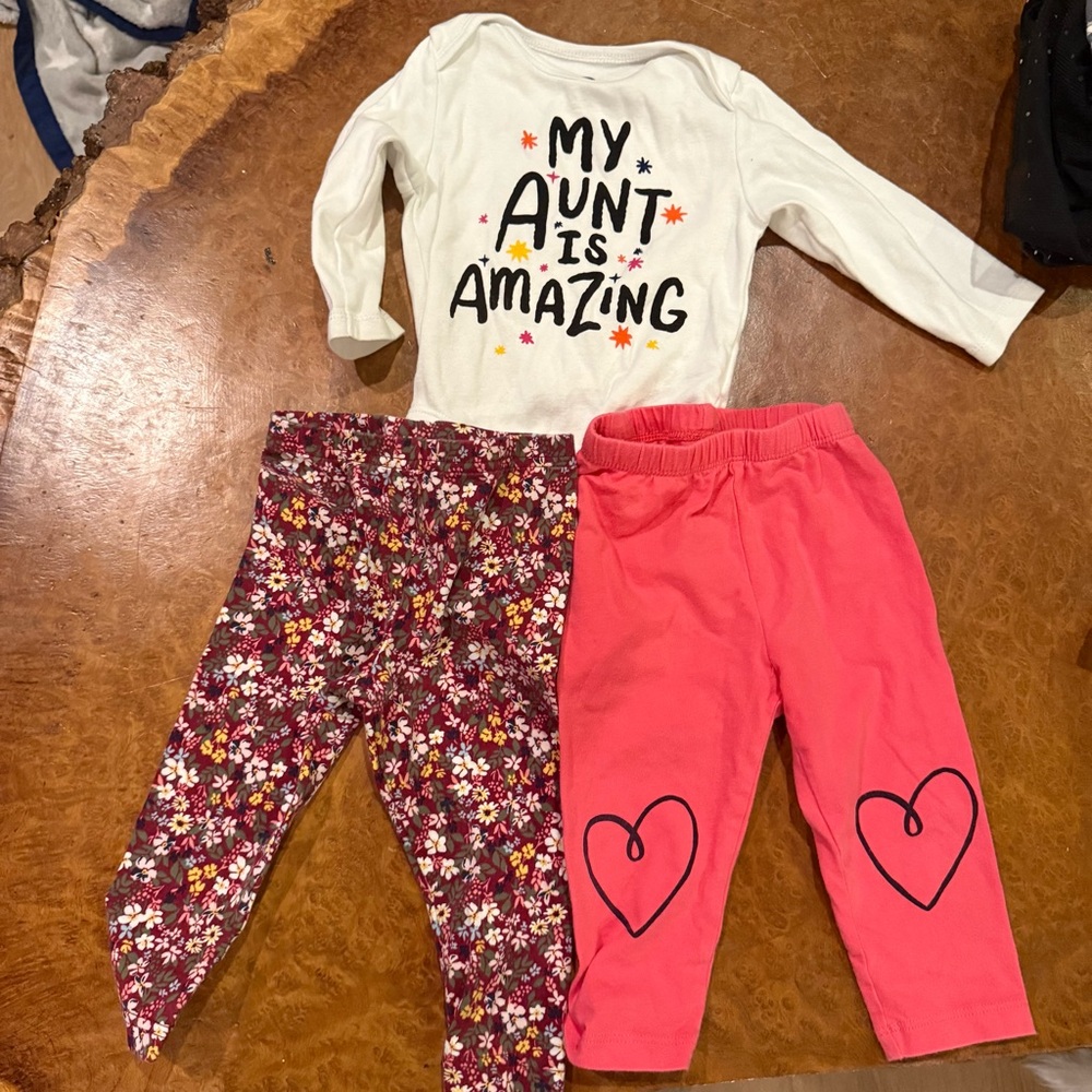 Baby Girl 12M 3-Piece Outfit Bundle | Old Navy & Carter’s Leggings + Graphic Tee